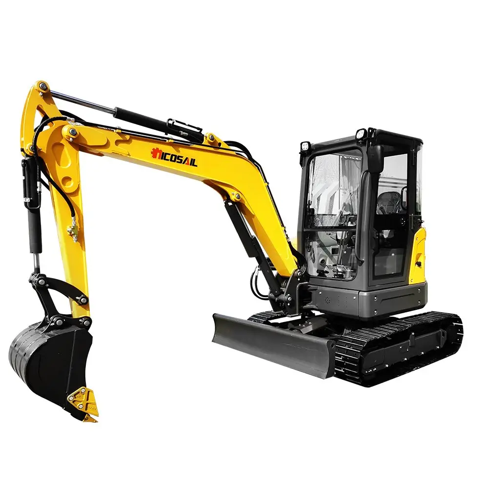 Yellow compact excavator on white background