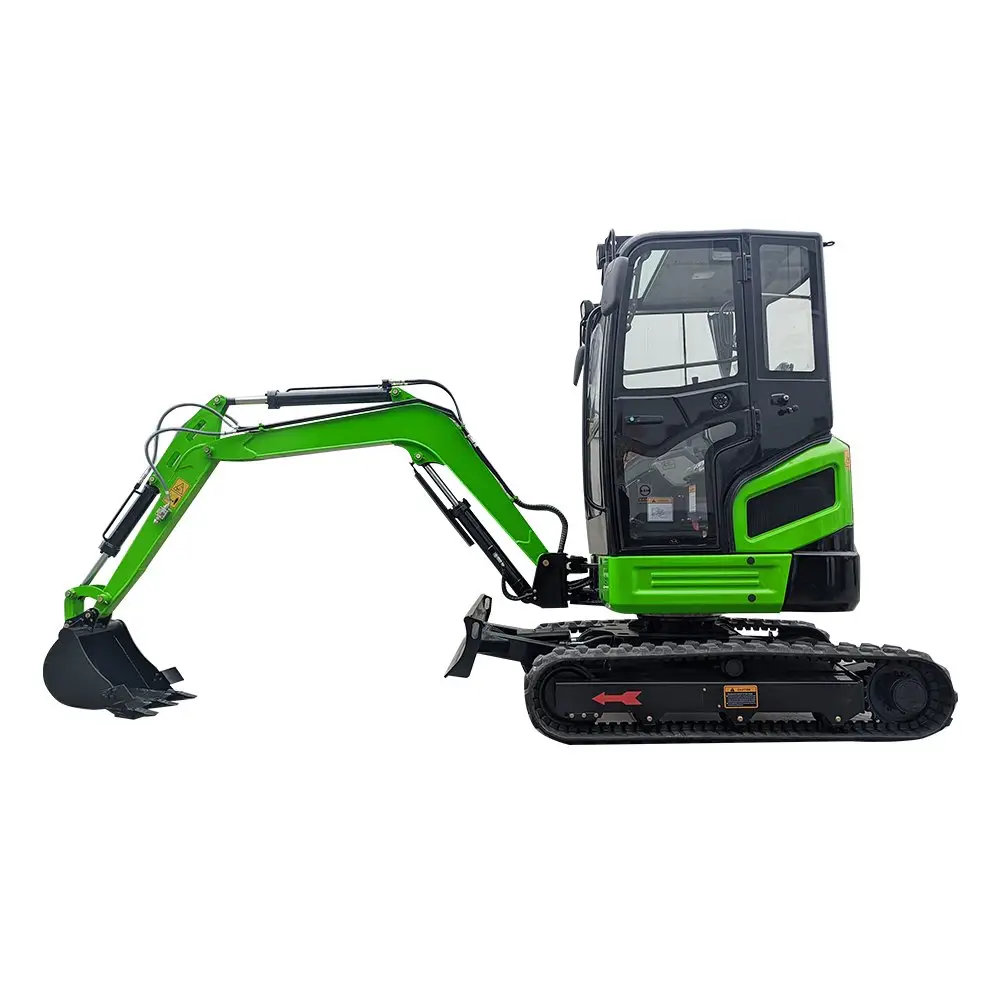 Green compact excavator on white background