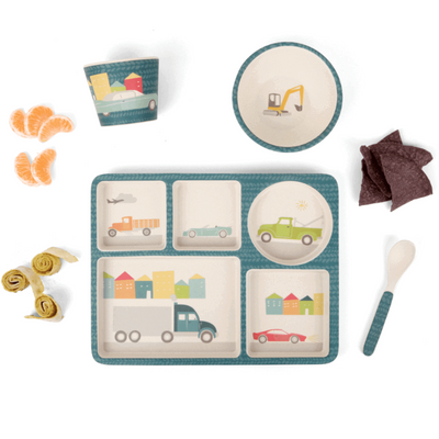 LOVE MAE - bamboo dishware with divided plate - cars - environmentally and kids safe