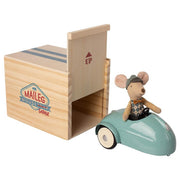 MAILEG - Big brother mouse - blue garage with wooden car - vintage and cute toy