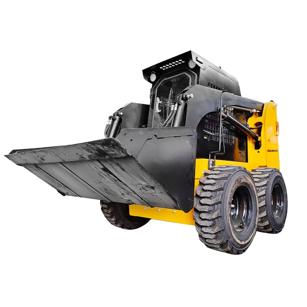 Yellow and black skid steer loader on white background