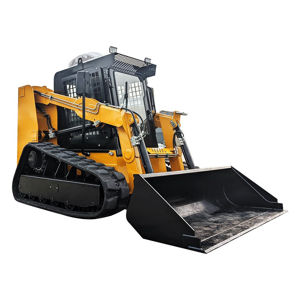 Yellow bulldozer with bucket on white background