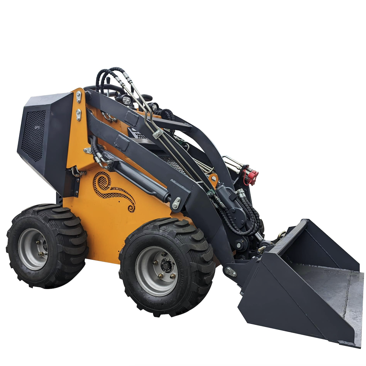 Compact yellow skid steer loader with bucket attachment